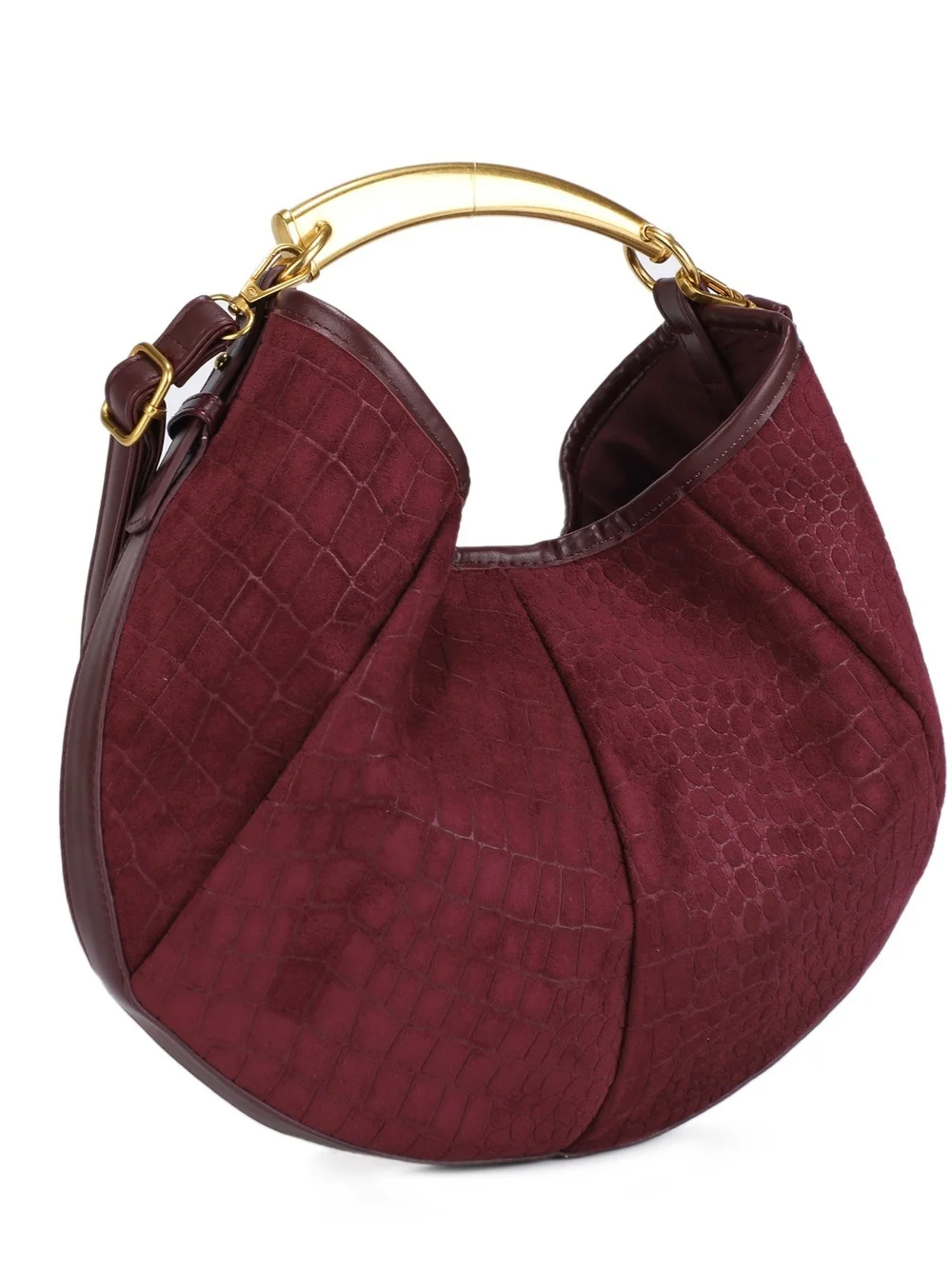 Black Croc-Embossed Suede Hobo Bag with Gold Handle